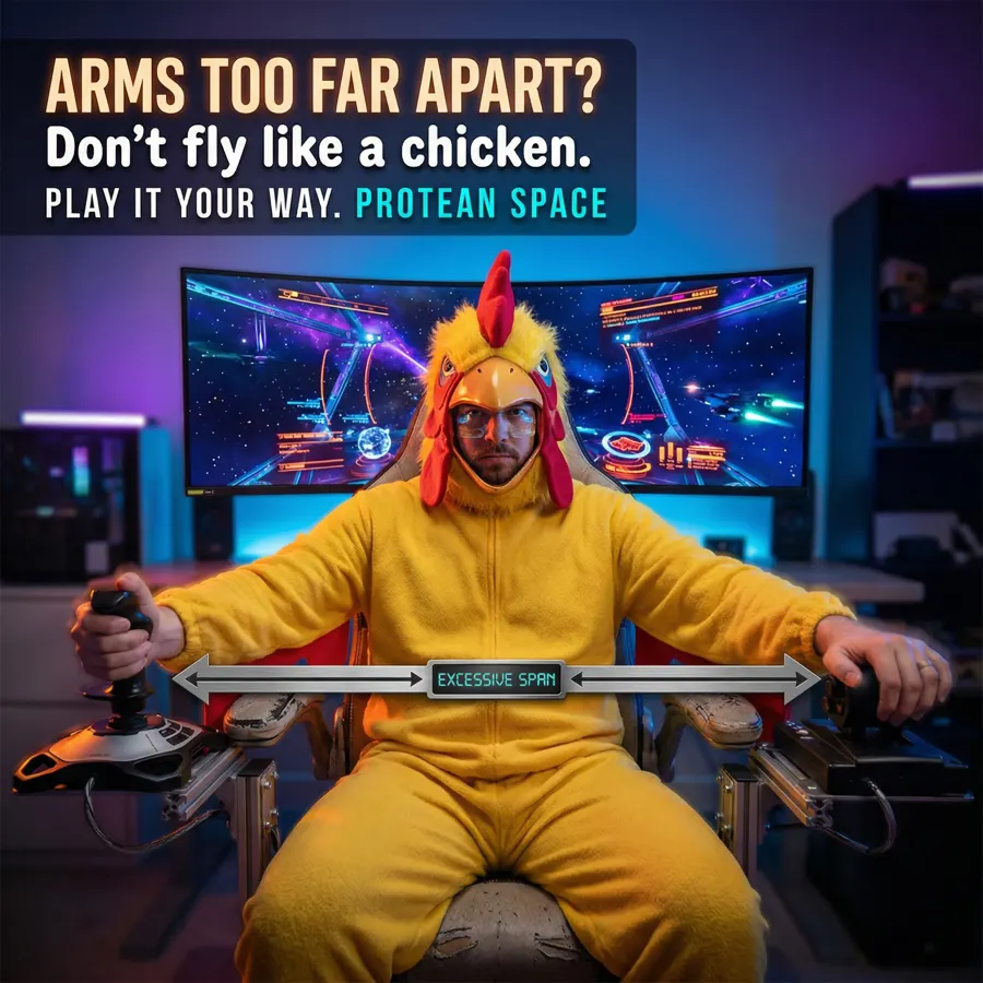 A man in a chicken costume flying with chair-mounted stick and throttle, arms spread wide