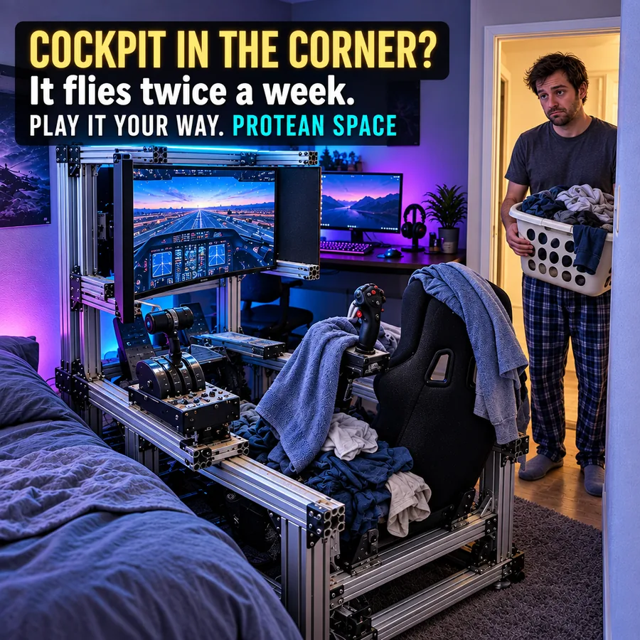 A bulky sim cockpit rig crammed into a bedroom, laundry piled on its seat, while a man with a laundry basket looks at it