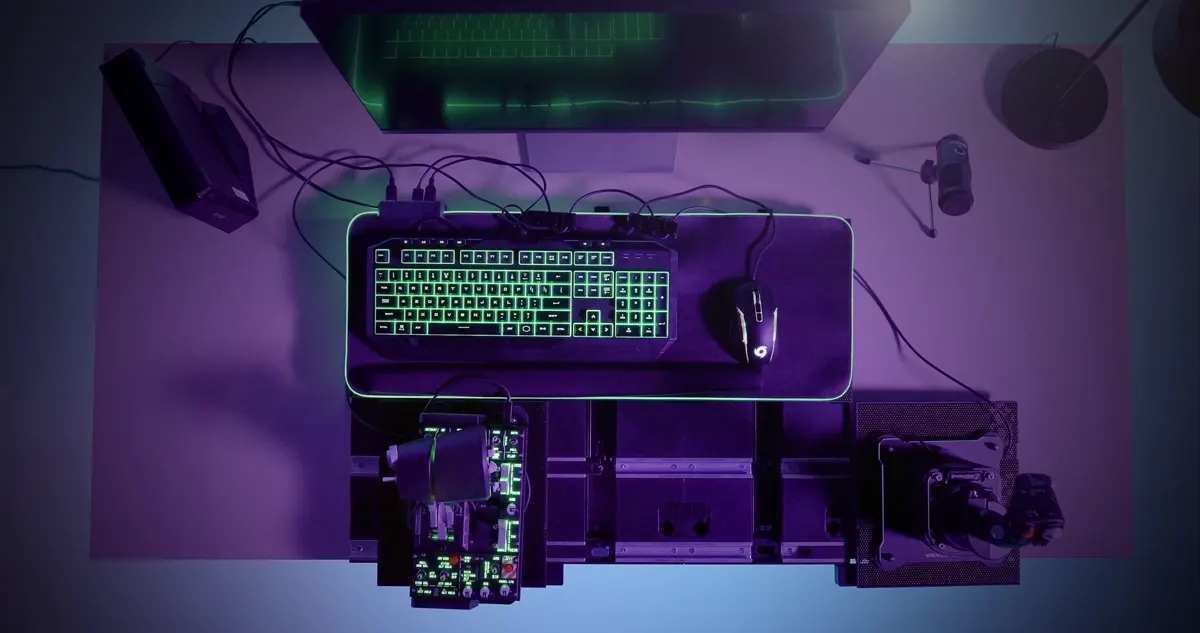Top view of Protean Space with keyboard on its mat, throttle and stick on the sides