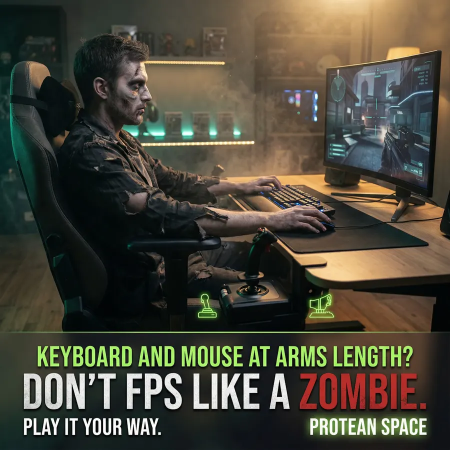 A gamer reaching for a keyboard and mouse pushed far back behind a joystick